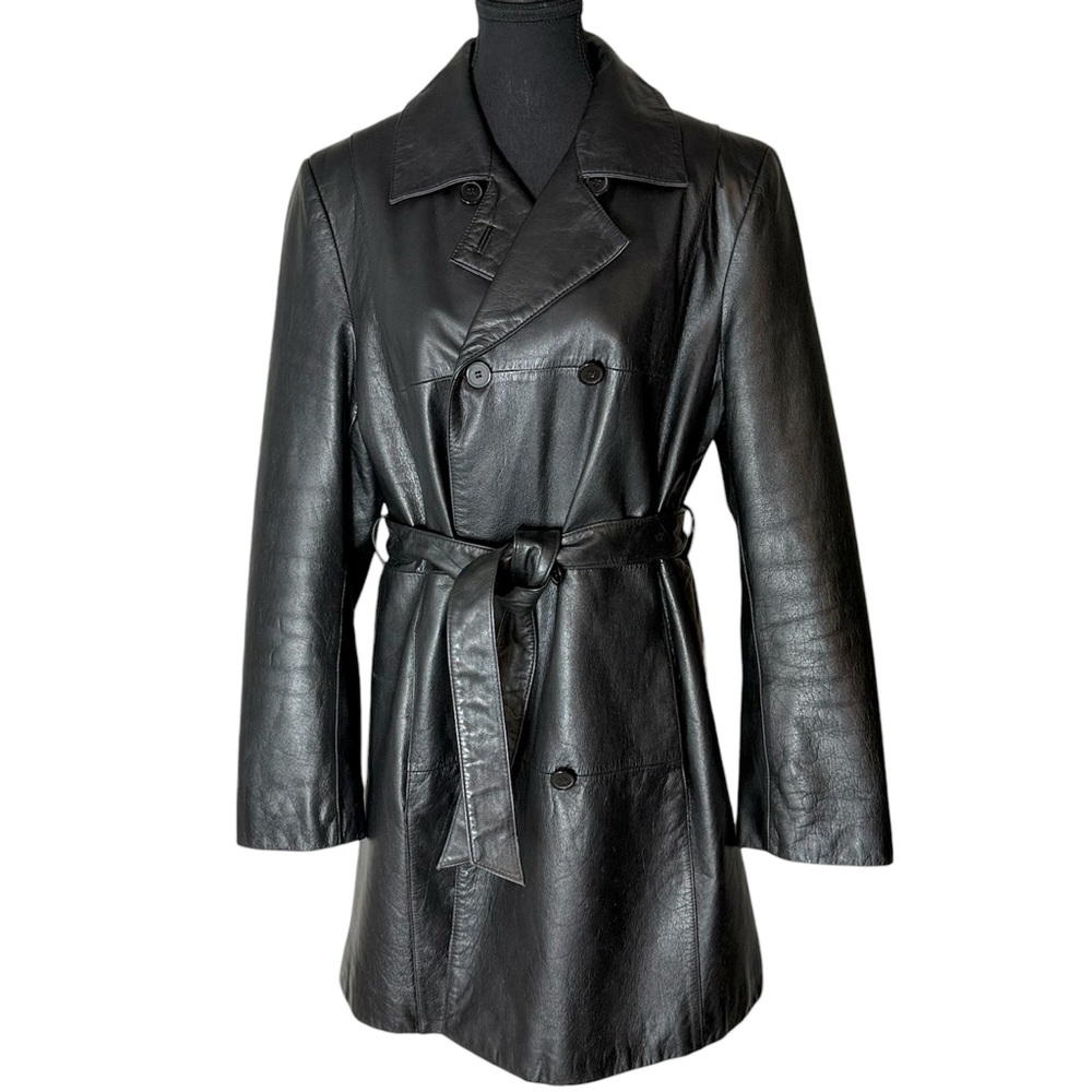 DANIER Vintage Black Leather Trench Coat Tie Belt Pockets Size Large 12-14